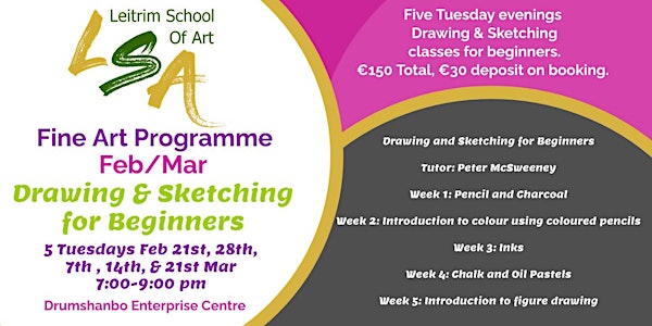 Drawing and Sketching, Beginners, 5 Tues 7-9pm, Feb 21, 28,Mar 7, 14,& 21