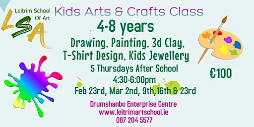 Kids Art Class 4-8 yrs, Thu Aft  Sch 4:30-6pm. Feb 23, Mar 2, 9, 16 & 23
