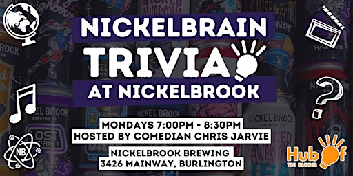 Primaire afbeelding van NickelBrains Trivia Night at Nickelbrook - Mondays - Burlington