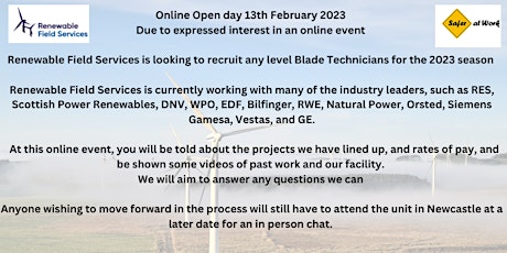 Virtual Open Day Blade Technicians for The Wind Industry 13th February 2023