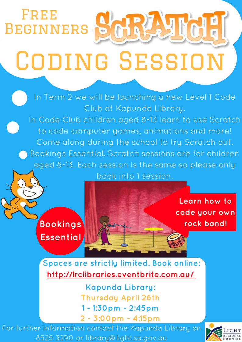 School Holidays - Intro to Scratch Coding @ Kapunda Library - 26 APR 2018