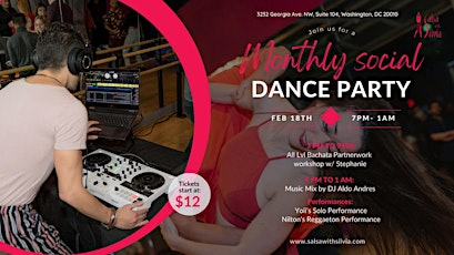 MONTHLY SOCIAL DANCE PARTY + BACHATA WORKSHOP (7PM-1AM)