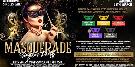 Masquerade Singles Party at Matthew Flinders Hotel, Chadstone!