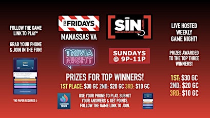 Trivia Game Night | SIN Sundays - TGI Fridays Manassas VA - SUN 9p