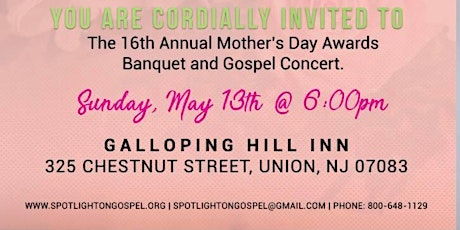 16TH Annual Mother's Day Awards Banquet and Gospel Concert primary image
