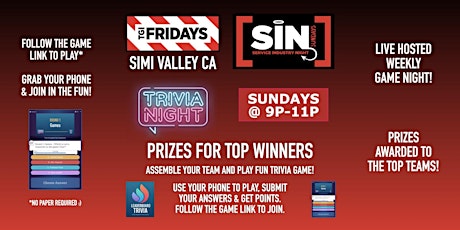 Trivia Game Night | SIN Sundays - TGI Fridays Simi Valley CA - SUN 9p