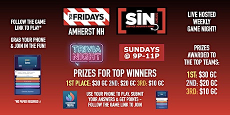 Trivia Game Night | SIN Sundays - TGI Fridays Amherst NH - SUN 9p