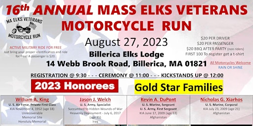 Primaire afbeelding van Mass Elks Veterans Motorcycle Run 2023