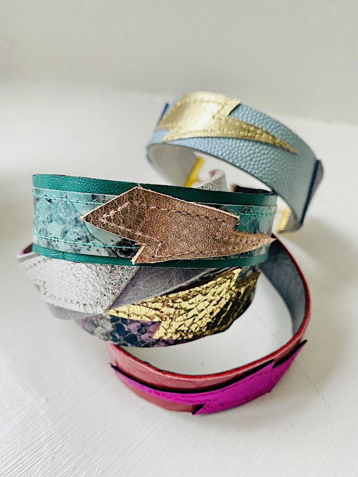 Leather offcuts upcycled into bolt bracelets by Chloe Haywood, for Dulwich , Blue Patch's Sustainable Arts & Crafts Showcase