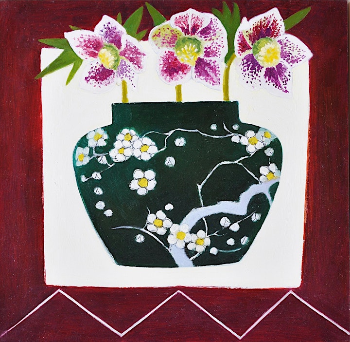 Janet Tod's print of orchids in a Japanese pot, at Dulwich picture Gallery with Blue Patch's Sustainable Arts & Crafts Showcase