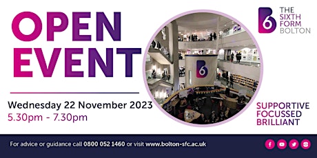 The Sixth Form Bolton | OPEN EVENT | Wednesday 22 November 2023