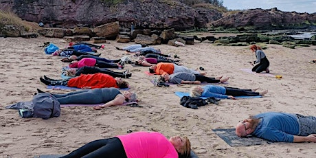 Hidden bay and cave, wellness event. Beach yoga and cold water therapy