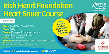 Irish Heart Foundation- Heart Saver Course -  7:00 pm, WED 29MARCH