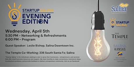 Start Up Salina MeetUp - Evening Edition (Wednesday, April 5th, 2023)
