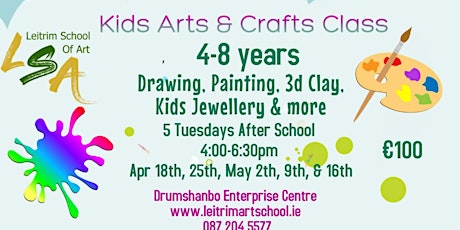 Kids Art Class 4-8 yrs, Tue Aft  Sch 4:30-6pm. Apr 18, 25, May 2, 9, & 16