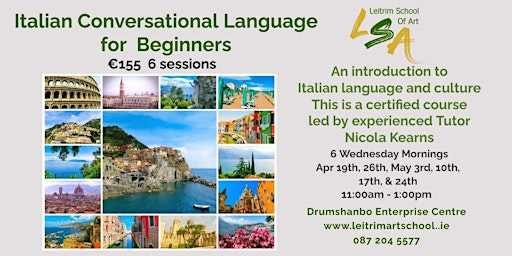 Italian for Beginners, 6 Wed Morn's,11am-1pm, Apr 19, 26, May 3, 10, 17, 24