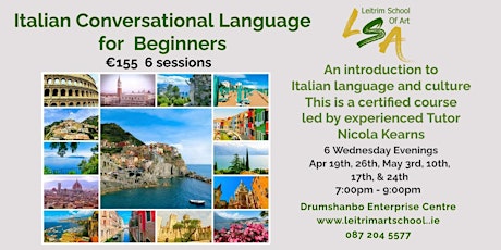 Italian for Beginners, 6 Wed Eve's7pm-9pm, Apr 19, 26, May 3, 10, 17, 24
