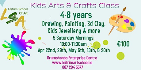 Kids Art Class 4-8 yrs, 5 Sat Morns,10-11.30am, Apr 22, 29, May 6, 13, & 20