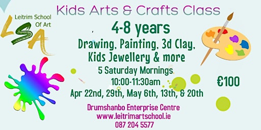 Kids Art Class 4-8 yrs, 5 Sat Morns,10-11.30am, Apr 22, 29, May 6, 13, & 20