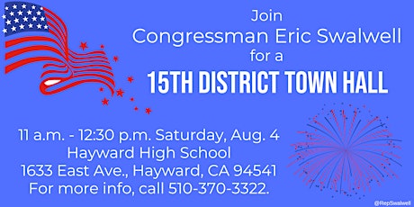 15th Congressional District Town Hall with Rep. Eric Swalwell primary image