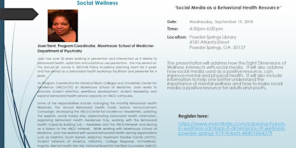 Joining Hands in Wellness - SAMHSA's 8 Dimensions of Wellness (Powder Springs, 9/19)