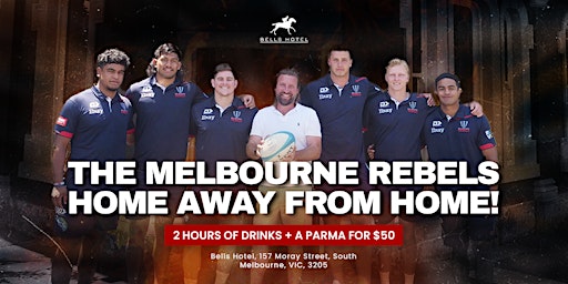 Primaire afbeelding van Melbourne Rebels Home Away From Home - Parma + 2 Hour Drink Package for $50