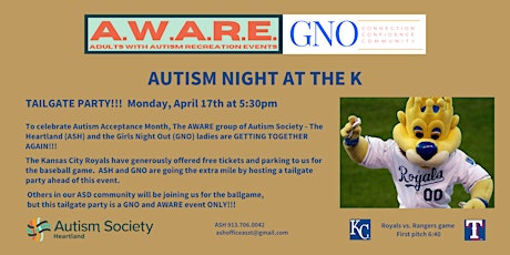 Primaire afbeelding van AWARE/GNO Tailgate Party and Baseball Game - Autism Night at the K!