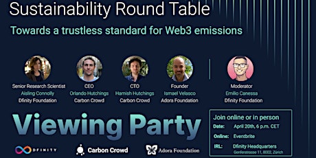 Primaire afbeelding van Sustainability Round Table | Viewing Party @ DFINITY HQ