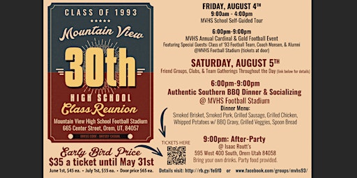 MVHS 30th CLASS REUNION TICKET + AGENDA(Class of 93) primary image
