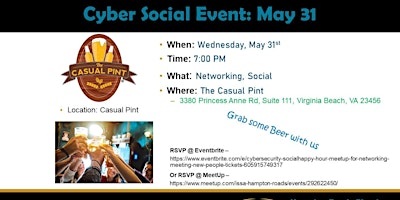 Cybersecurity Social/Happy Hour meetup for networking, meeting new people