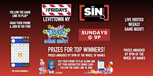 BINGO Game Night | SIN Sundays - TGI Fridays Littleton NY - SUN 9p primary image