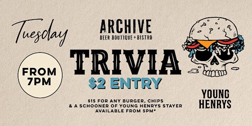 Primaire afbeelding van Tuesday Trivia at Archive Beer Boutique