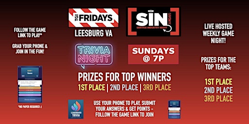 Trivia Game Night | SIN Sundays - TGI Fridays Leesburg VA - SUN 7p primary image