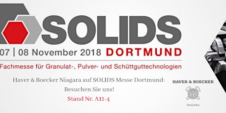 Hauptbild für Haver & Boecker Niagara auf SOLIDS Dortmund 2018 (Stand Nr. A11-4):  Eine Fachmesse für Granulat-, Pulver- & Schüttguttechnologien 