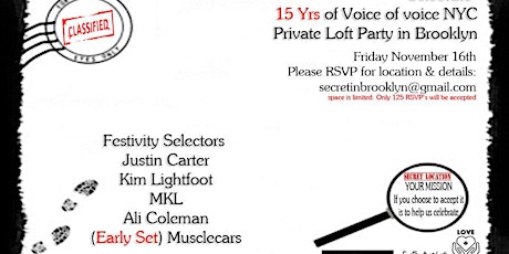 Private Loft Party in Brooklyn - Celebrate 15 years of Voice of voice NYC  primary image