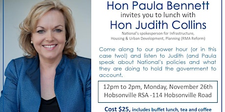 Lunch with Hon Judith Collins & MP for Upper Harbour,Paula Bennett primary image