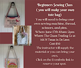 Beginners Sewing Class ( You will make a tote bag)
