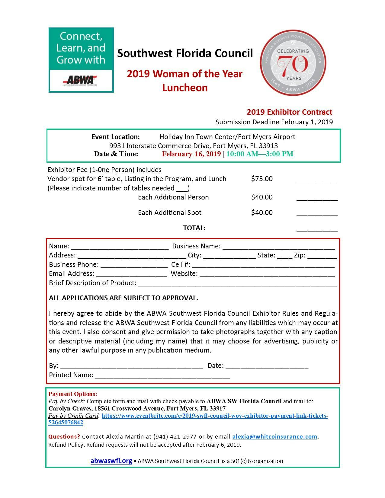 2019 SWFL Council WOY Exhibitor Additional Person or Spot Payment Link
