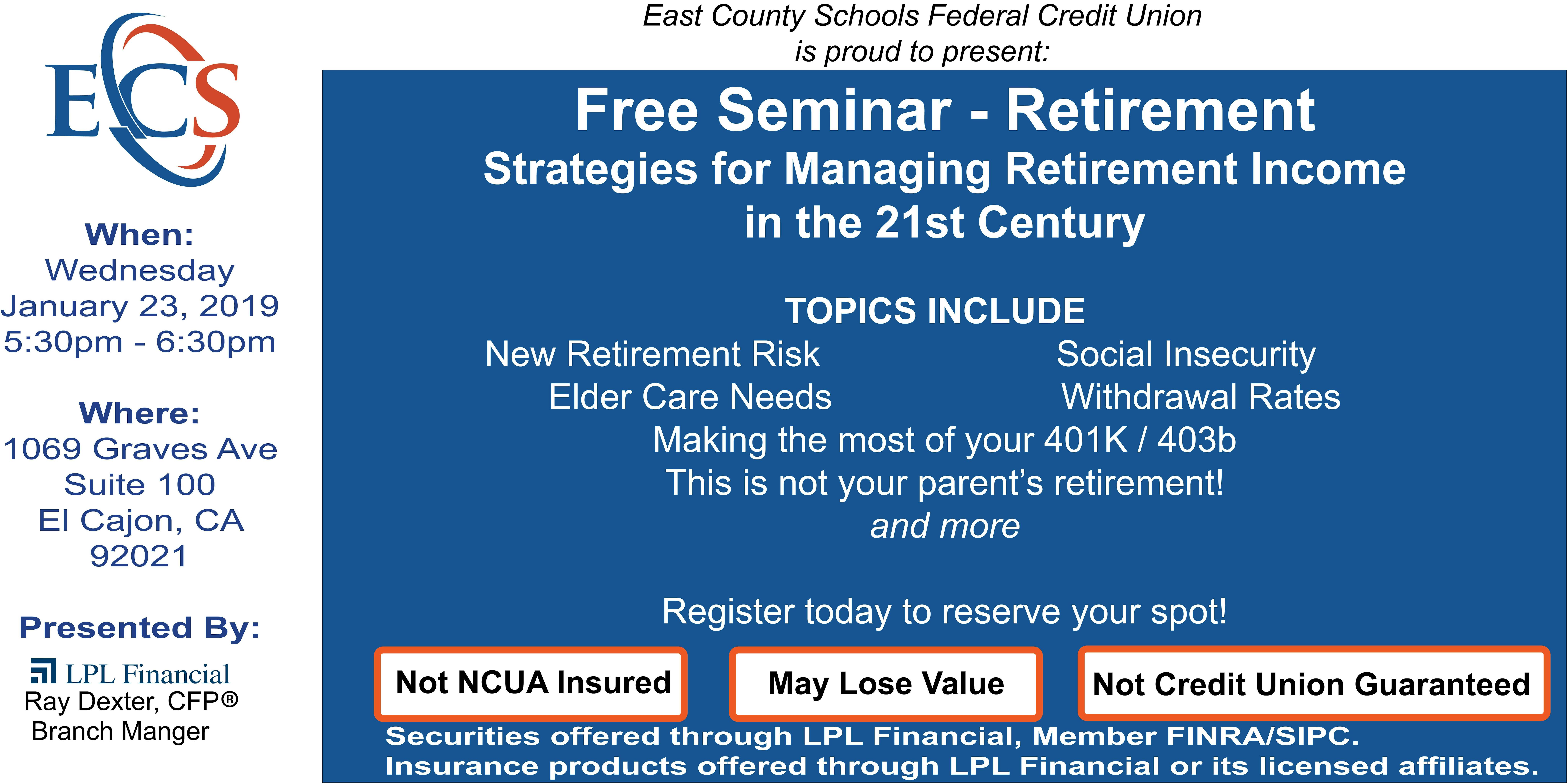 free seminar - retirement strategies for managing retirement income