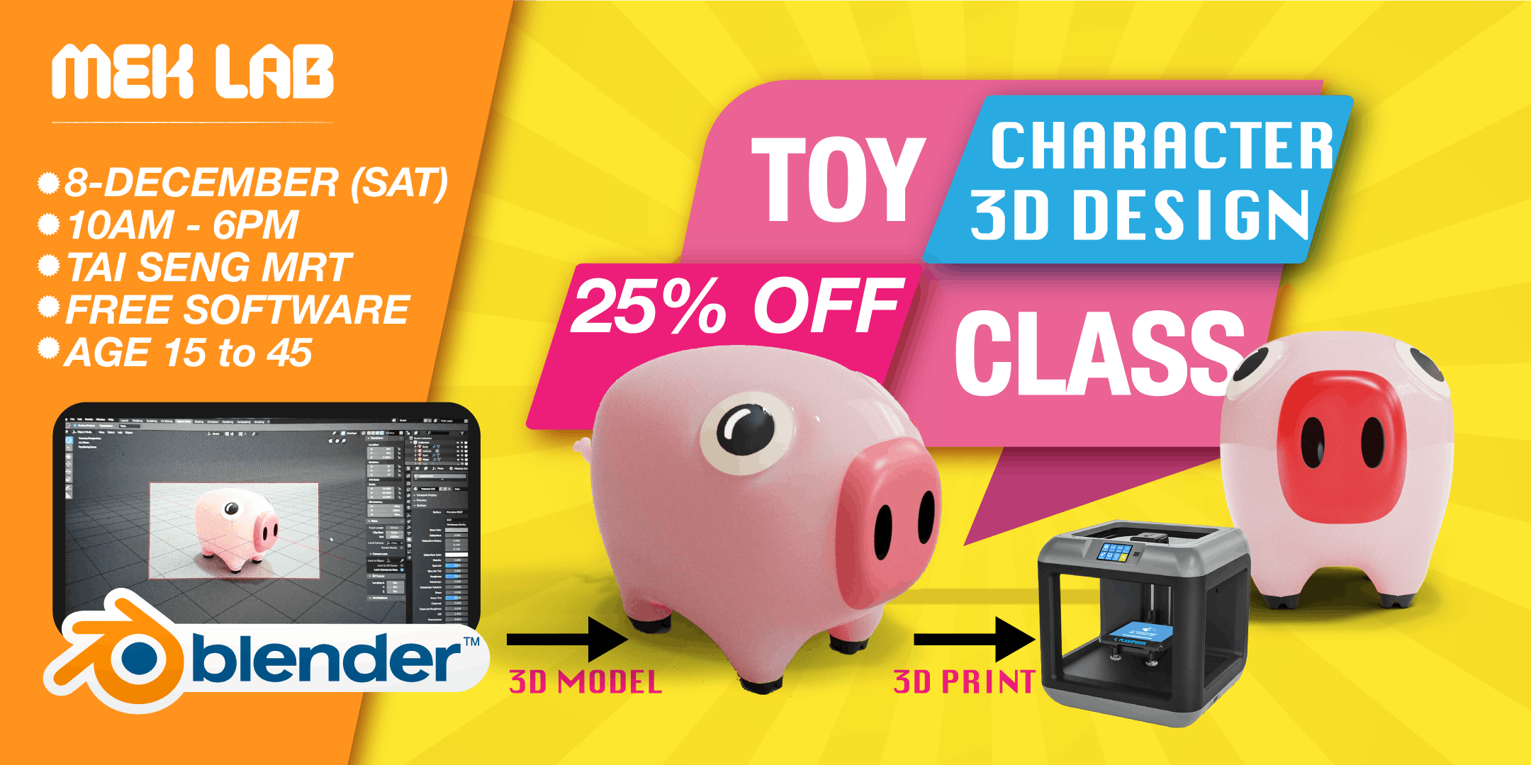 Introduction to 3D Character Design & 3D Printing with Blender 2.8 software (Ages 15-45)