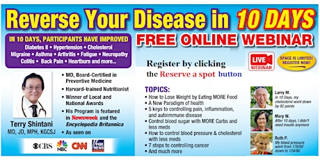 Imagen principal de Reverse Your Disease in 10 Days webinar - January31, Wed, 7pm Hawaii-time