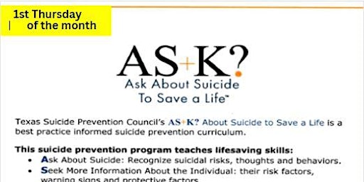 Imagem principal do evento AS+K? Ask About Suicide to Save a Life