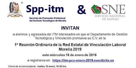 Imagen principal de Promoción de C.V.s del ITM en la 1ra. Reunión de la Red Estatal de Vinculación Laboral Morelia 2019