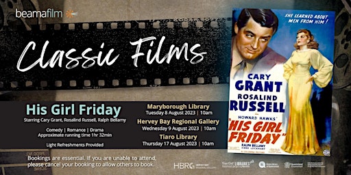 Imagem principal do evento Classic Film - His Girl Friday - Maryborough Library