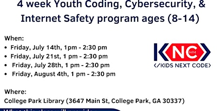 Coding, Cybersecurity, and Internet Safety Youth Boot Camp (ages 8-14) primary image