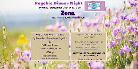 Primaire afbeelding van Psychic Dinner Night At Zona In Massapequa Park, NY