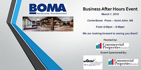 Don't Forget to RSVP! BOMA NB/PEI Business After Hours Event- CenterBeam Place, Saint John, NB- March 7, 2019 primary image
