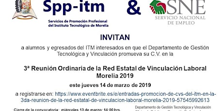 Imagen principal de Promoción de C.V.s del ITM en la 3ra. Reunión de la Red Estatal de Vinculación Laboral Morelia 2019