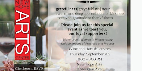 New Hope Arts Gratefulness Reception, Thursday, September 7th 6:00 - 8:00 primary image