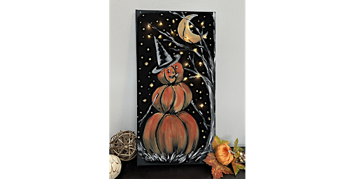 Pumpkin Snowman on Black Canvas Halloween Paint & Sip Akron primary image